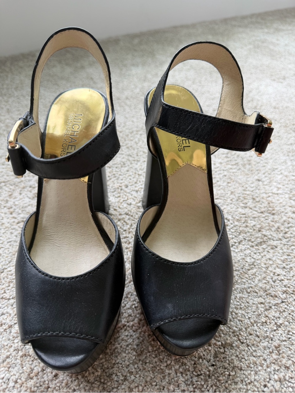 Michael Kors Black Leather London Peep-Toe Block Heel Slingbacks
